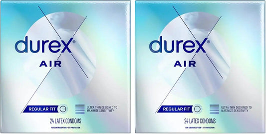 Durex Air Condoms, Extra Thin, Transparent Natural Rubber Latex Condoms for Men, Regular Fit, FSA & HSA Eligible, 24 Count (Pack of 2)