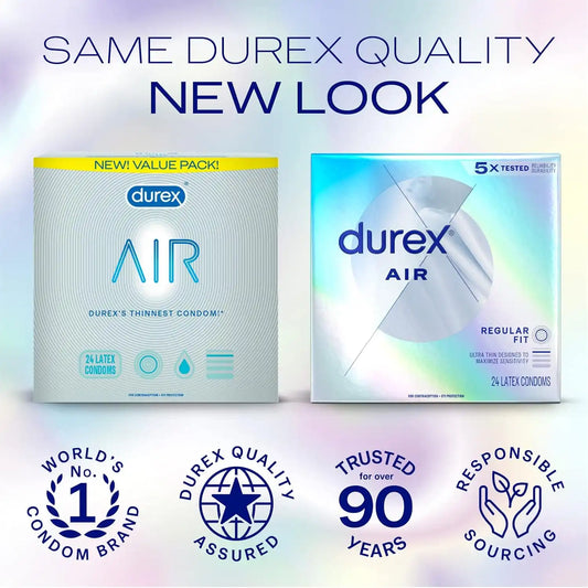 Durex Air Condoms, Extra Thin, Transparent Natural Rubber Latex Condoms for Men, Regular Fit, FSA & HSA Eligible, 24 Count (Pack of 2)
