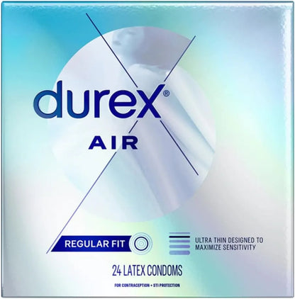 Durex Air Condoms, Extra Thin, Transparent Natural Rubber Latex Condoms for Men, Regular Fit, 24 Count