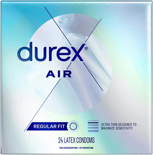 Durex Air Condoms, Extra Thin, Transparent Natural Rubber Latex Condoms for Men, Regular Fit, 24 Count