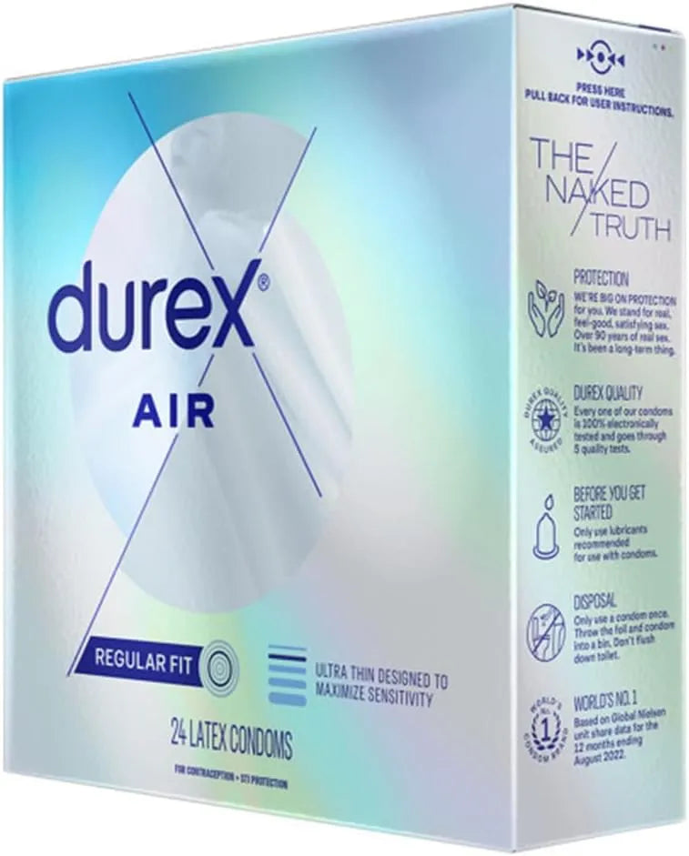 Durex Air Condoms, Extra Thin, Transparent Natural Rubber Latex Condoms for Men, Regular Fit, 24 Count