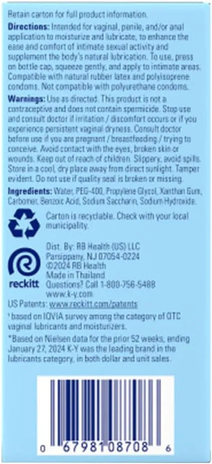 K-Y Liquid Lube, Water-Based Personal Lubricant for Men, Women & Couples, Safe for Anal Use, Safe to Use with Latex Condoms, Body-Friendly Formula, 2.4 FL OZ