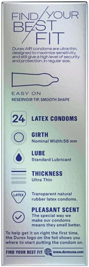 Durex Air Condoms, Extra Thin, Transparent Natural Rubber Latex Condoms for Men, Regular Fit, 24 Count