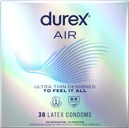 Durex Air Condoms Extra Thin Condoms, Regular Fit, Natural Rubber Latex Condoms for Men, FSA & HSA Eligible, 36 Count, Package May Vary